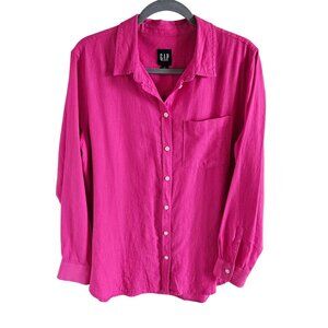 Gap Woman Size L Linen Blend Bright Pink Button Up Shirt Pocket Beachy Colorful